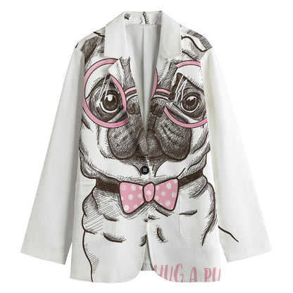 Cute Pug With Glasses Print Women's Blazer