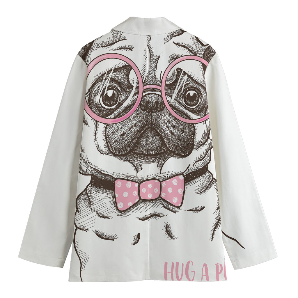 Cute Pug With Glasses Print Women's Blazer