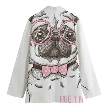 Cute Pug With Glasses Print Women's Blazer