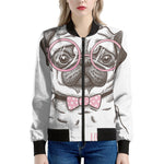 Cute Pug With Glasses Print Women's Bomber Jacket
