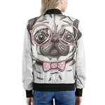 Cute Pug With Glasses Print Women's Bomber Jacket