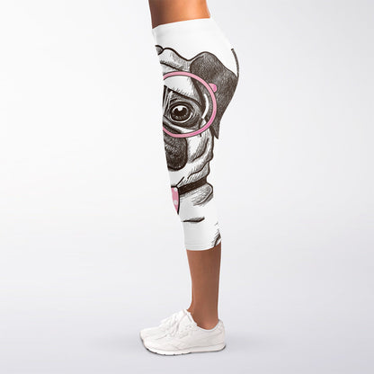 Cute Pug With Glasses Print Women's Capri Leggings