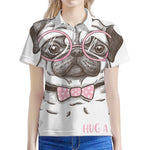 Cute Pug With Glasses Print Women's Polo Shirt