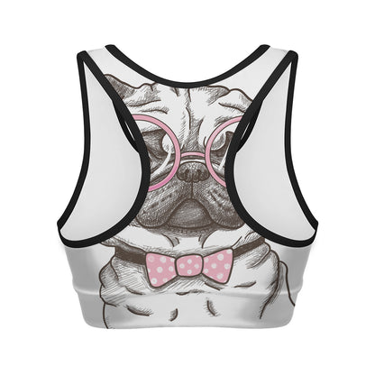 Cute Pug With Glasses Print Women's Sports Bra