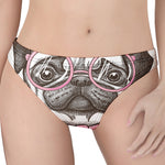 Cute Pug With Glasses Print Women's Thong