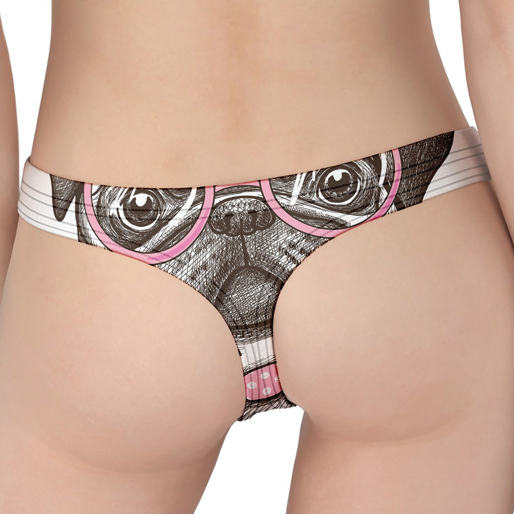 Cute Pug With Glasses Print Women's Thong