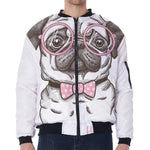 Cute Pug With Glasses Print Zip Sleeve Bomber Jacket