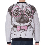 Cute Pug With Glasses Print Zip Sleeve Bomber Jacket