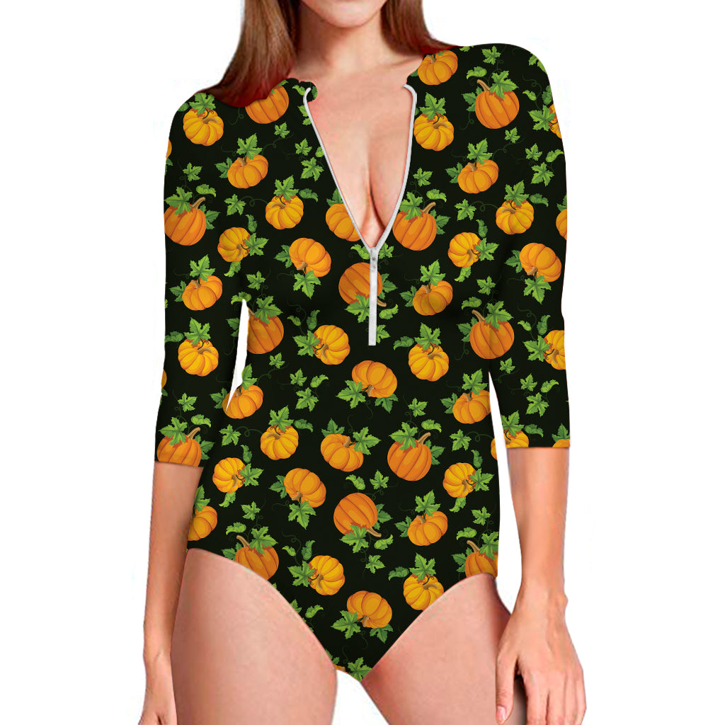 Cute Pumpkin Pattern Print Long Sleeve Swimsuit