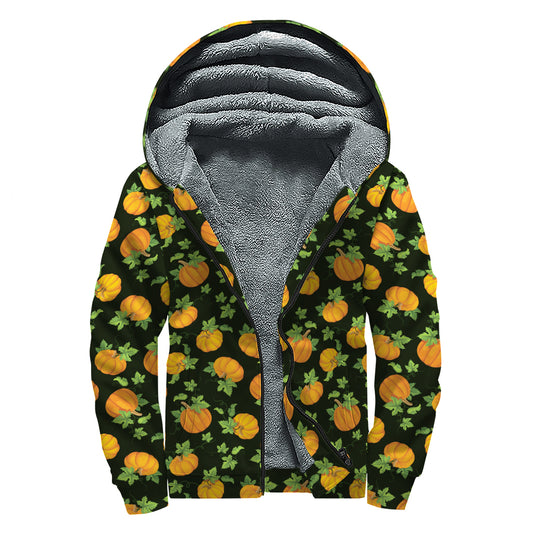 Cute Pumpkin Pattern Print Sherpa Lined Zip Up Hoodie