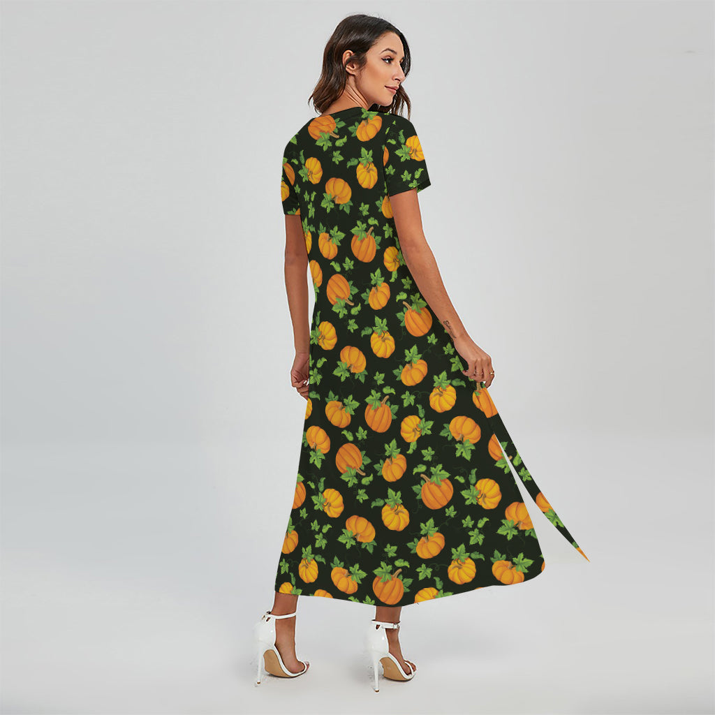 Cute Pumpkin Pattern Print Short Sleeve Maxi Dress