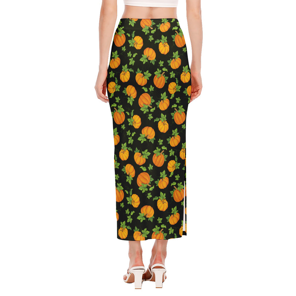 Cute Pumpkin Pattern Print Side Slit Maxi Skirt