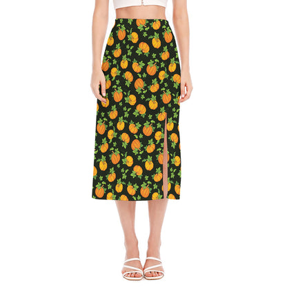 Cute Pumpkin Pattern Print Side Slit Midi Skirt