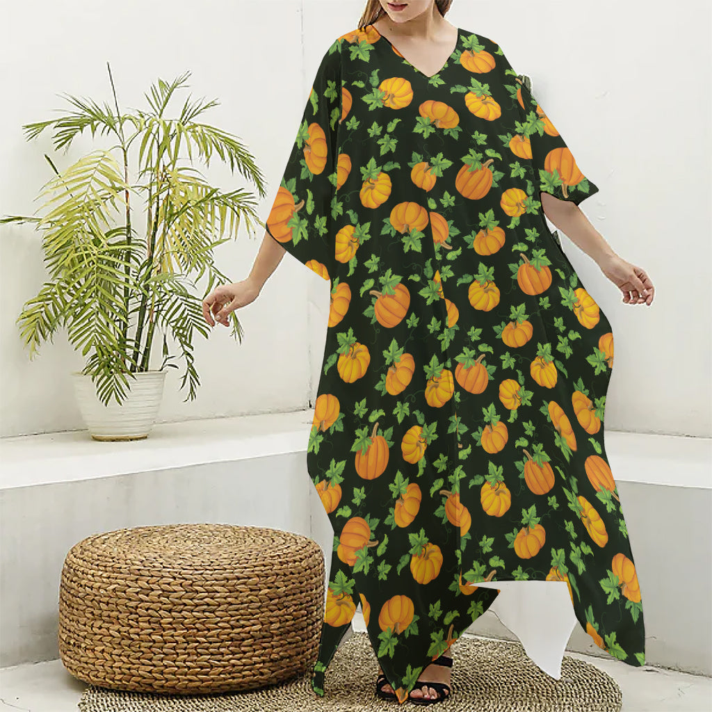 Cute Pumpkin Pattern Print Silk V-Neck Kaftan Dress