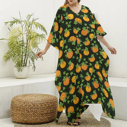 Cute Pumpkin Pattern Print Silk V-Neck Kaftan Dress