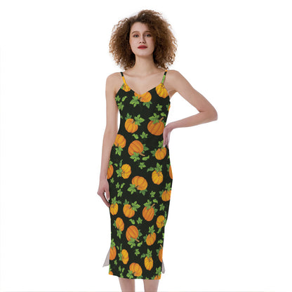 Cute Pumpkin Pattern Print Slim Fit Midi Cami Dress