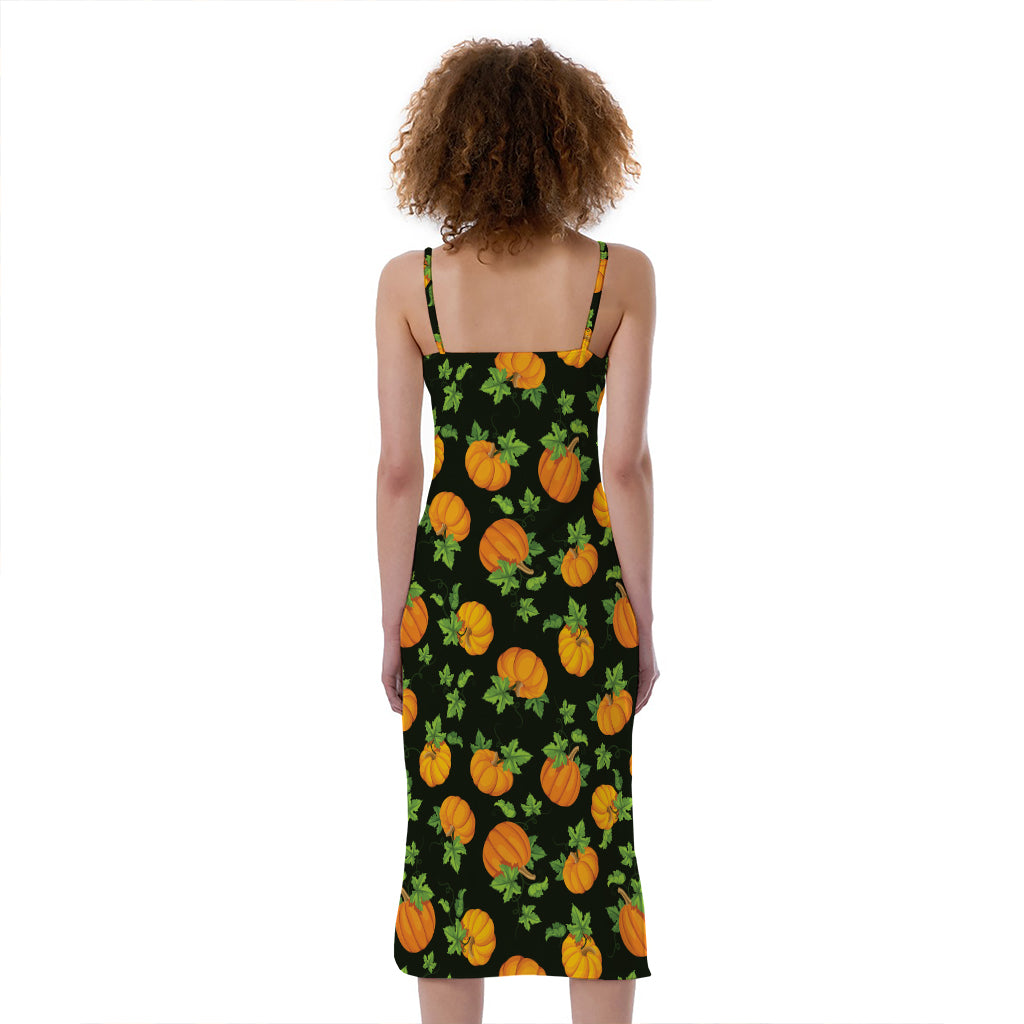 Cute Pumpkin Pattern Print Slim Fit Midi Cami Dress