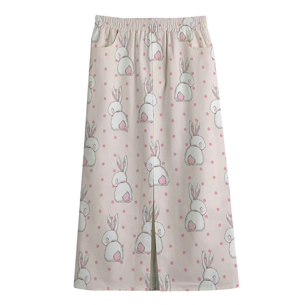 Cute Rabbit Pattern Print Cotton Front Slit Maxi Skirt