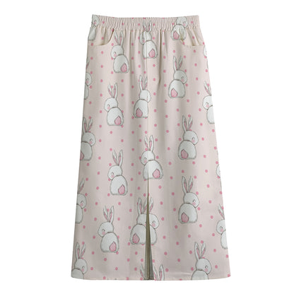 Cute Rabbit Pattern Print Cotton Front Slit Maxi Skirt