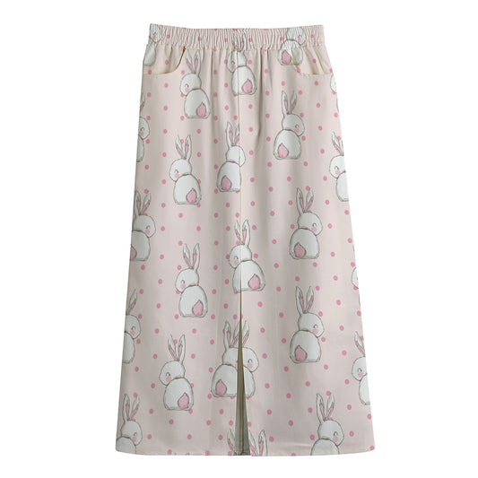 Cute Rabbit Pattern Print Cotton Front Slit Maxi Skirt