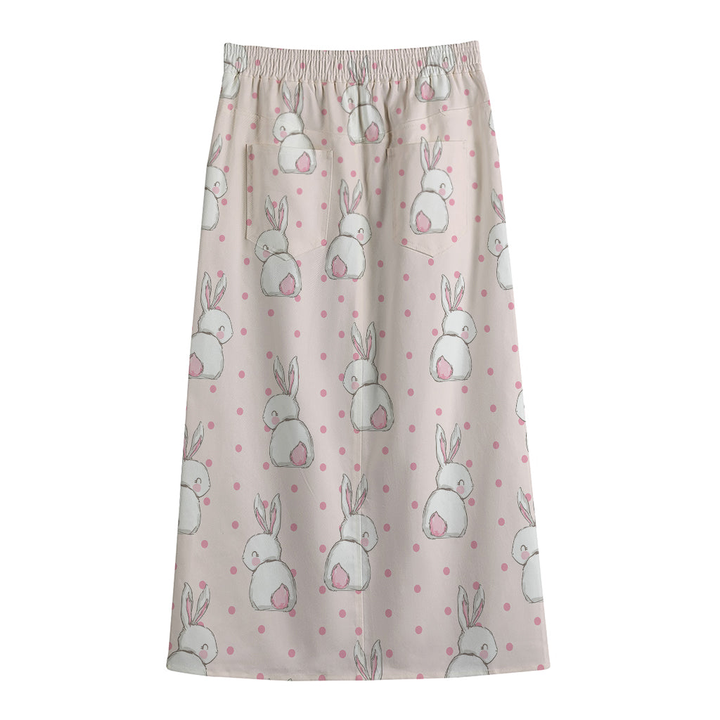 Cute Rabbit Pattern Print Cotton Front Slit Maxi Skirt