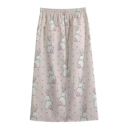 Cute Rabbit Pattern Print Cotton Front Slit Maxi Skirt