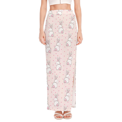 Cute Rabbit Pattern Print High Slit Maxi Skirt