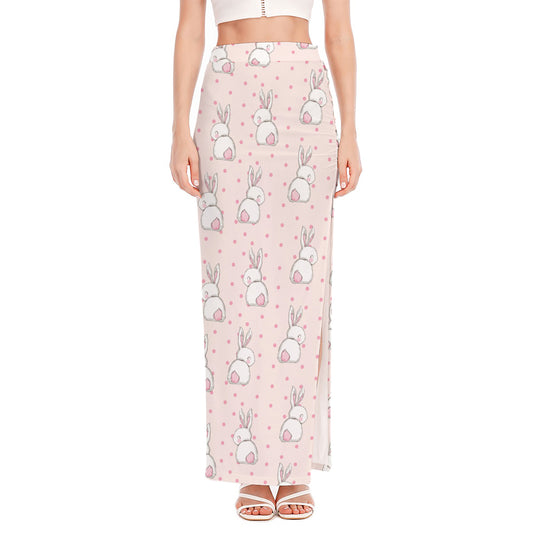 Cute Rabbit Pattern Print High Slit Maxi Skirt