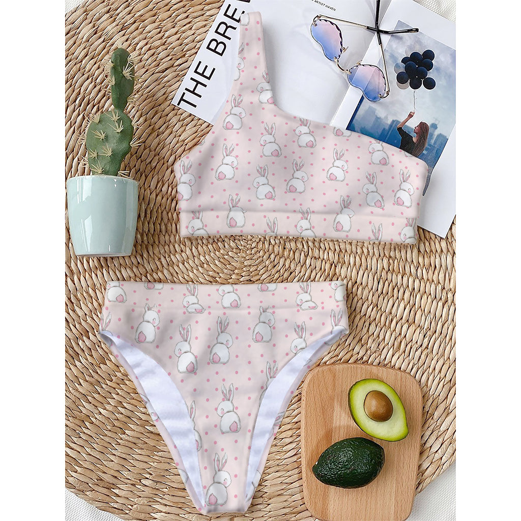 Cute Rabbit Pattern Print One Shoulder Bikini Top