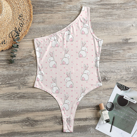 Cute Rabbit Pattern Print One Shoulder Bodysuit
