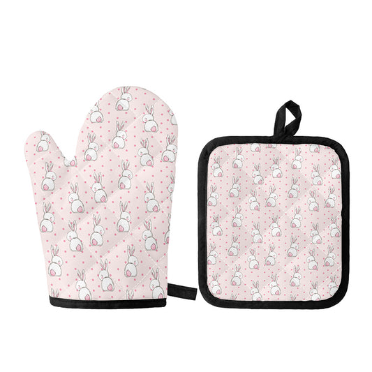 Cute Rabbit Pattern Print Oven Mitt And Pot Holder Set