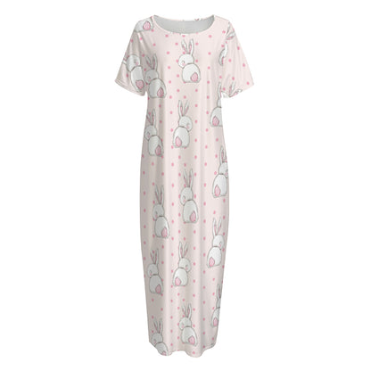 Cute Rabbit Pattern Print Short Sleeve Long Nightdress
