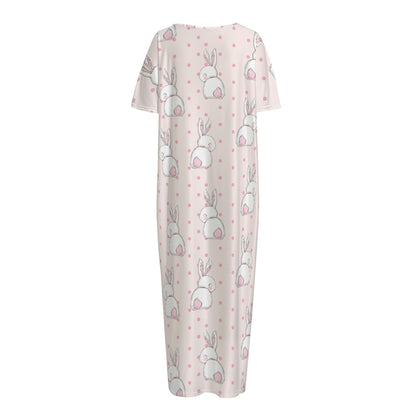 Cute Rabbit Pattern Print Short Sleeve Long Nightdress