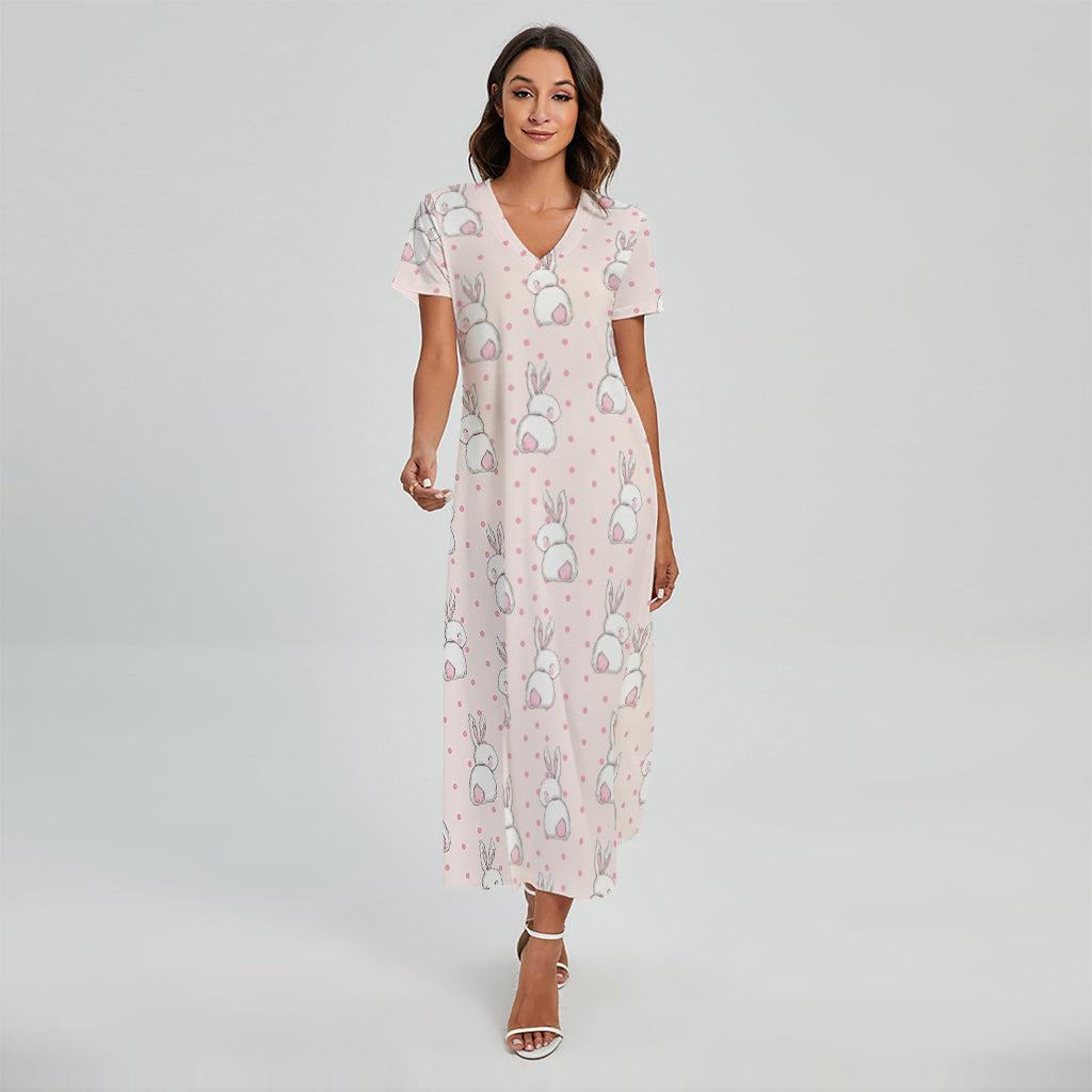 Cute Rabbit Pattern Print Short Sleeve Maxi Dress
