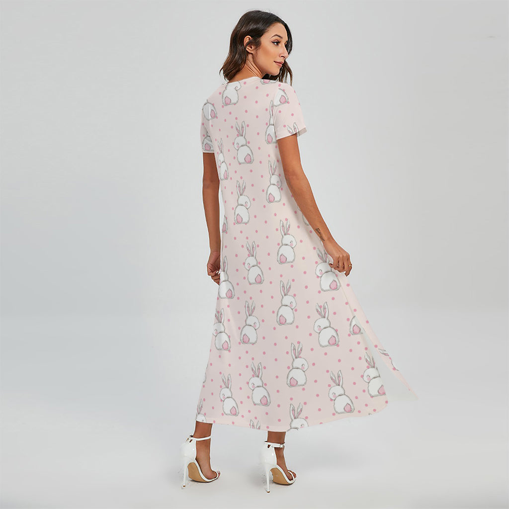 Cute Rabbit Pattern Print Short Sleeve Maxi Dress