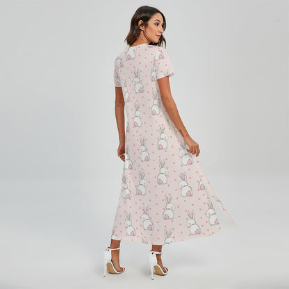 Cute Rabbit Pattern Print Short Sleeve Maxi Dress