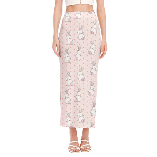 Cute Rabbit Pattern Print Side Slit Maxi Skirt