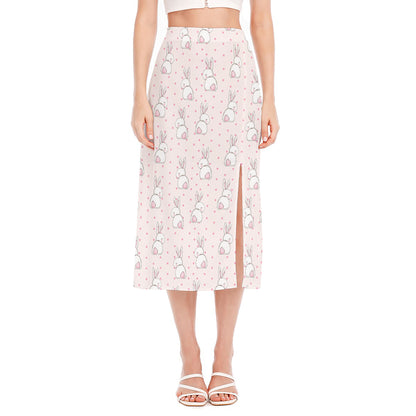 Cute Rabbit Pattern Print Side Slit Midi Skirt