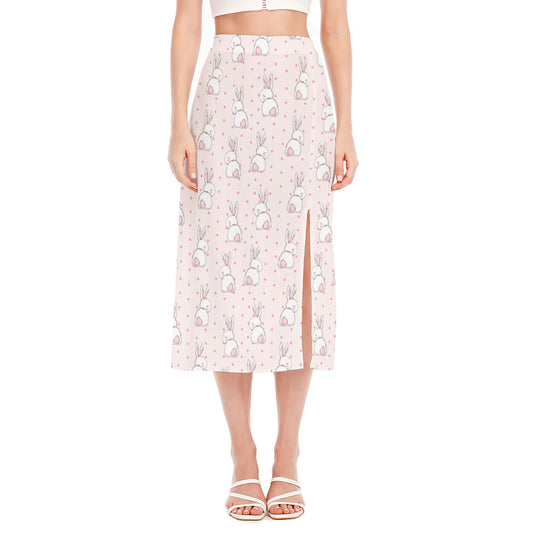 Cute Rabbit Pattern Print Side Slit Midi Skirt