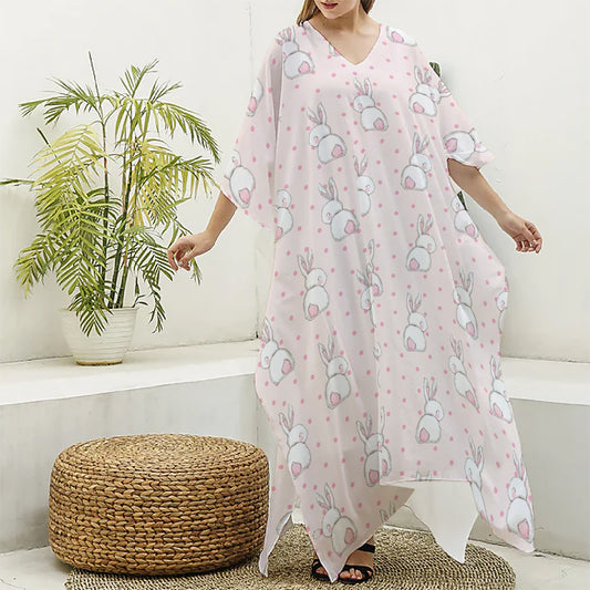 Cute Rabbit Pattern Print Silk V-Neck Kaftan Dress