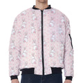 Cute Rabbit Pattern Print Zip Sleeve Bomber Jacket