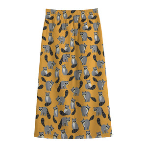 Cute Raccoon Pattern Print Cotton Front Slit Maxi Skirt