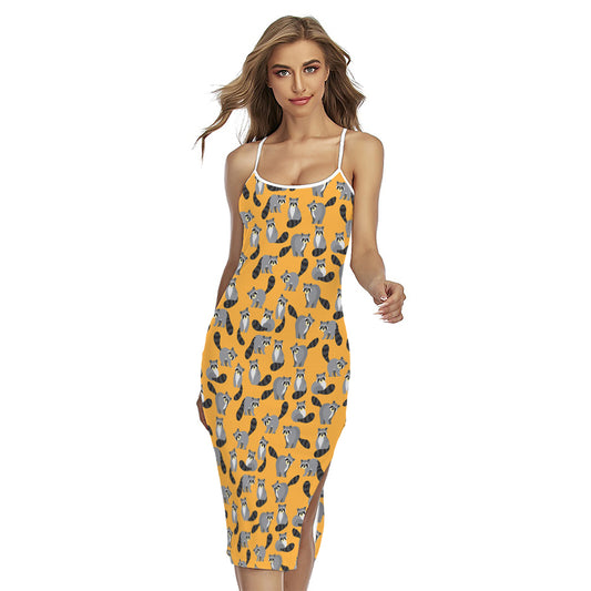 Cute Raccoon Pattern Print Cross Back Cami Dress