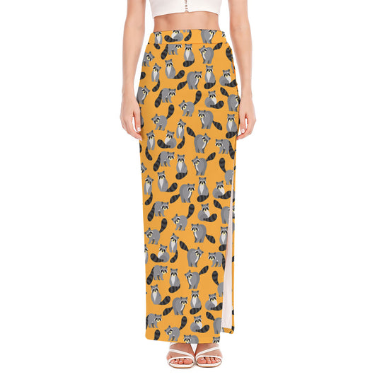 Cute Raccoon Pattern Print High Slit Maxi Skirt