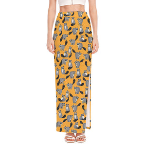 Cute Raccoon Pattern Print High Slit Maxi Skirt