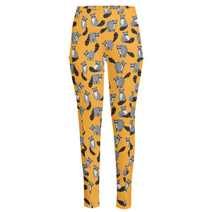 Cute Raccoon Pattern Print High-Waisted Pocket Leggings