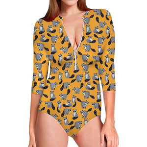 Cute Raccoon Pattern Print Long Sleeve Swimsuit