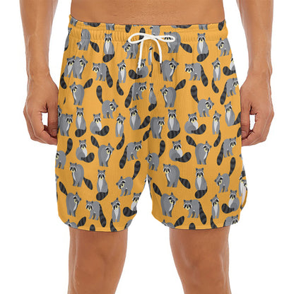 Cute Raccoon Pattern Print Men's Split Running Shorts