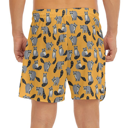 Cute Raccoon Pattern Print Men's Split Running Shorts