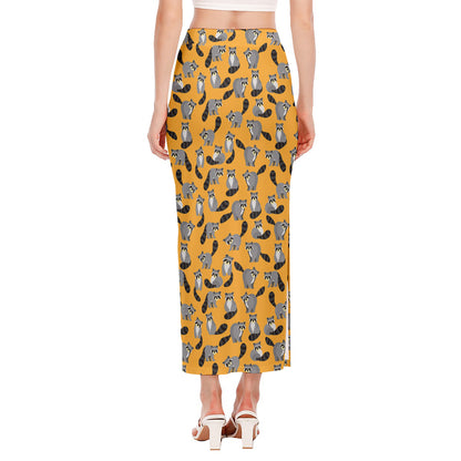 Cute Raccoon Pattern Print Side Slit Maxi Skirt